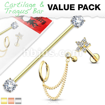 3 Pcs Prong Set CZ Industrial Barbell, Double Chain Link Barbell and Hoop, CZ Flower Labret Stud 316L Surgical Steel Ear Cartilage Mix Value Pack - Image 2