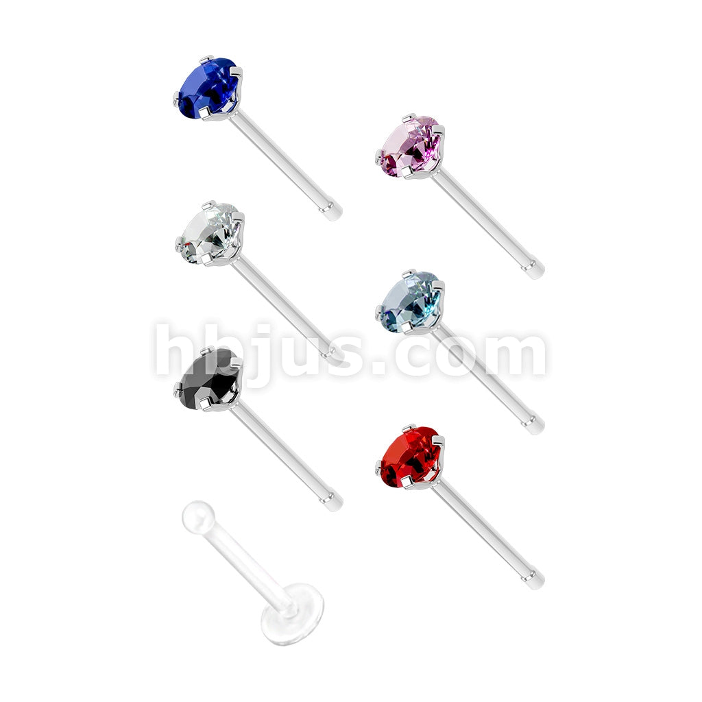 7 Pcs Pre Loaded Prong Set Round Mixed Color CZ 316L Surgical Steel Nose Stud Rings Gem Box Package - Image 2