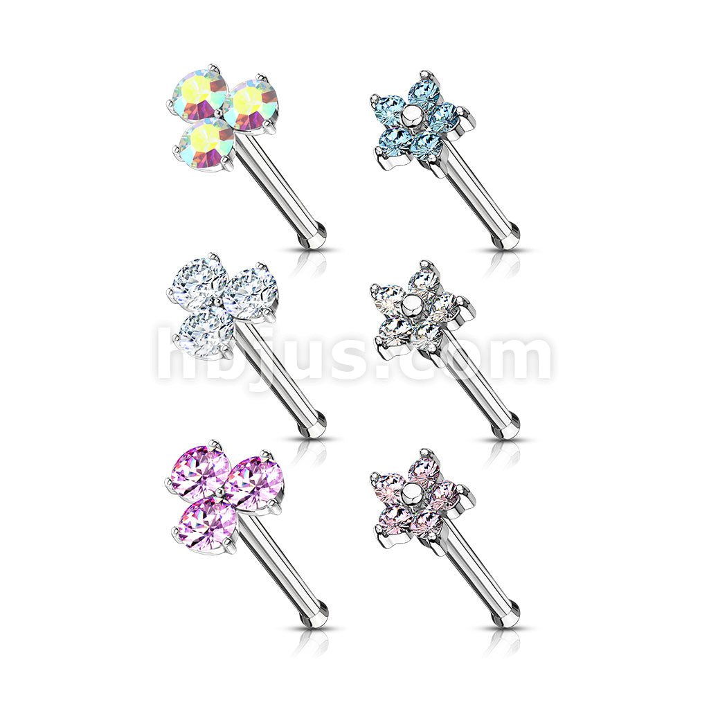 6 Pcs of Three Prong Set Round CZ Triangle and Five CZ Flower Top 316L Surgical Steel 20ga Nose Stud Rings Gem Box Package - Image 2