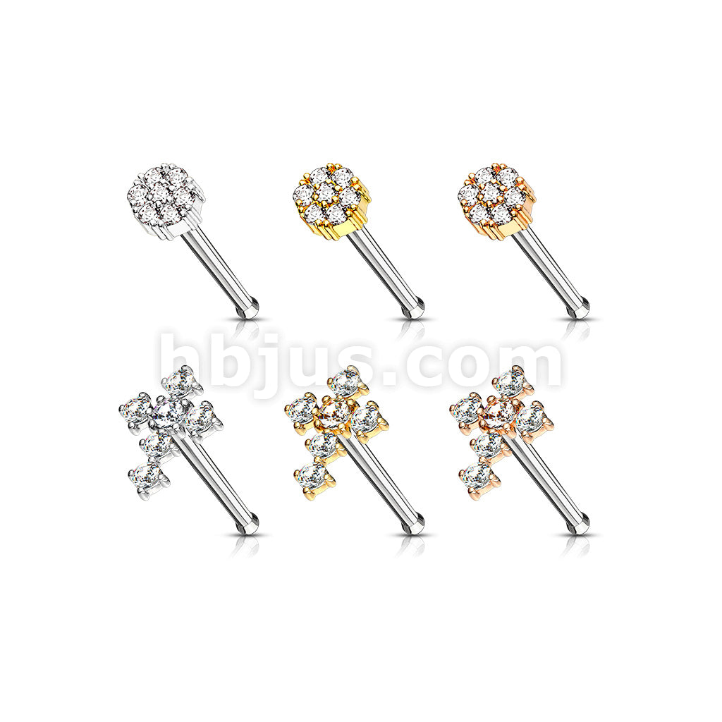 6 Pcs of CZ Cross and CZ Flower with Double Tiered CZ Center Top 316L Surgical Steel 20 Gauge Nose Stud Rings Gem Box Package - Image 2