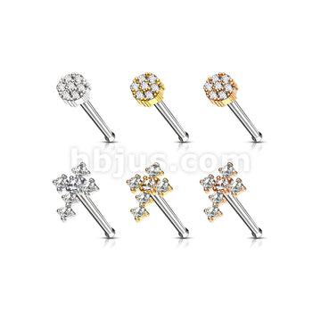 6 Pcs of CZ Cross and CZ Flower with Double Tiered CZ Center Top 316L Surgical Steel 20 Gauge Nose Stud Rings Gem Box Package - Image 2