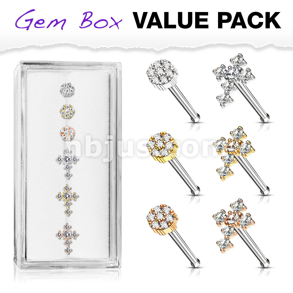 6 Pcs of CZ Cross and CZ Flower with Double Tiered CZ Center Top 316L Surgical Steel 20 Gauge Nose Stud Rings Gem Box Package