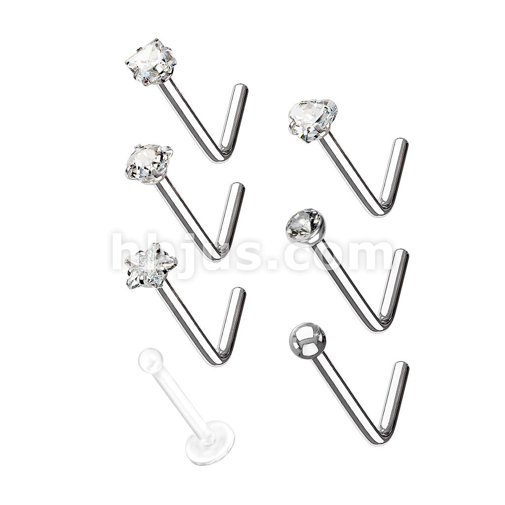 7 Pcs Pre Loaded Essential L Bend 316L Surgical Steel Nose Stud Rings Gem Box Package - Image 2