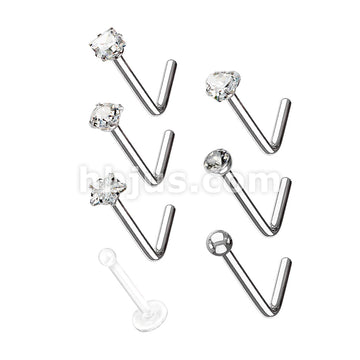 7 Pcs Pre Loaded Essential L Bend 316L Surgical Steel Nose Stud Rings Gem Box Package - Image 2