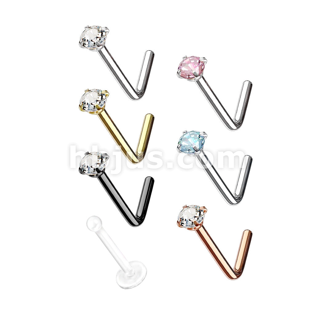 7 Pcs Pre Loaded L Bend Prong Set CZ 316L Surgical Steel Nose Stud Rings Gem Box Package - Image 2