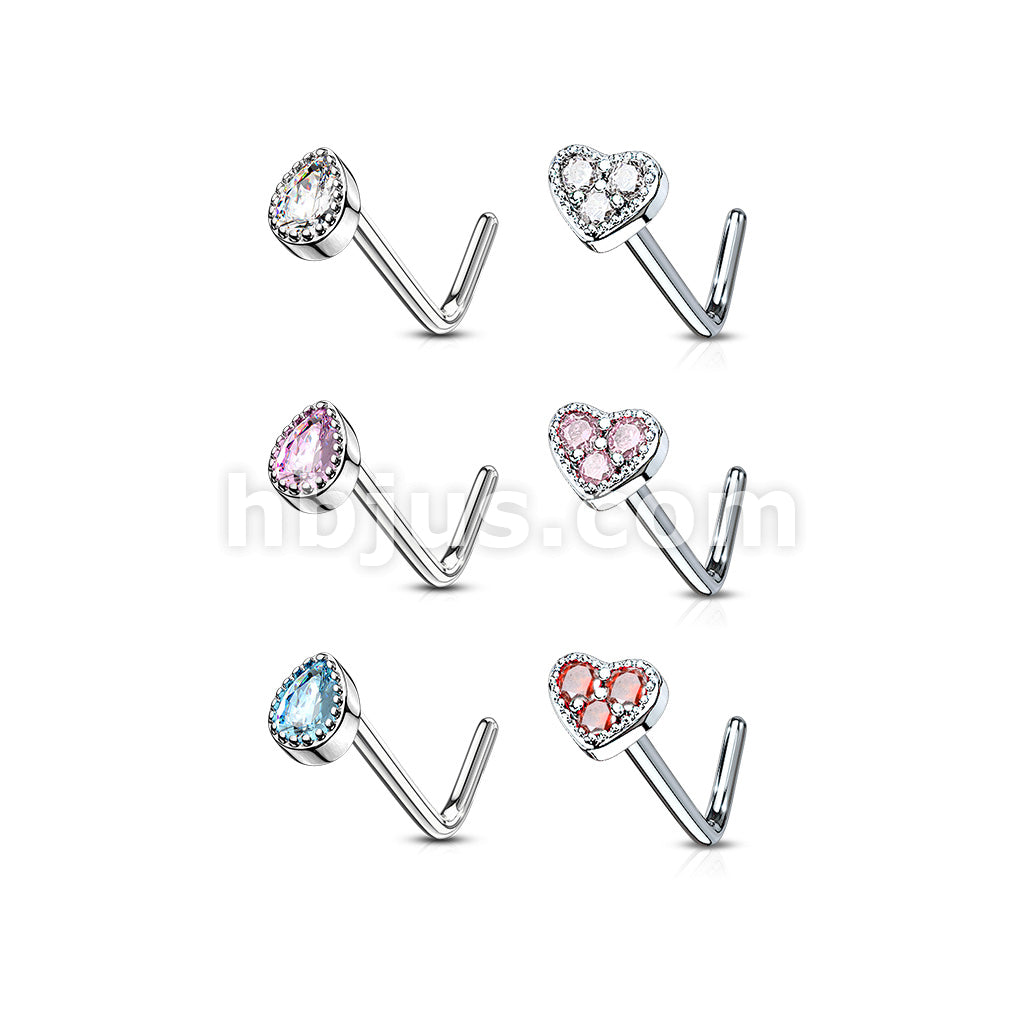 6 Pcs of Tear Drop CZ and CZ Set Heart Top 316L Surgical Steel L Bend Nose Stud Rings Gem Box Package - Image 2
