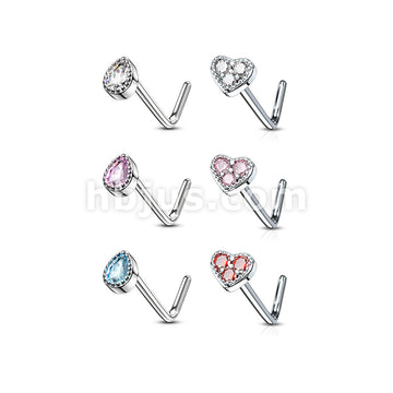 6 Pcs of Tear Drop CZ and CZ Set Heart Top 316L Surgical Steel L Bend Nose Stud Rings Gem Box Package - Image 2