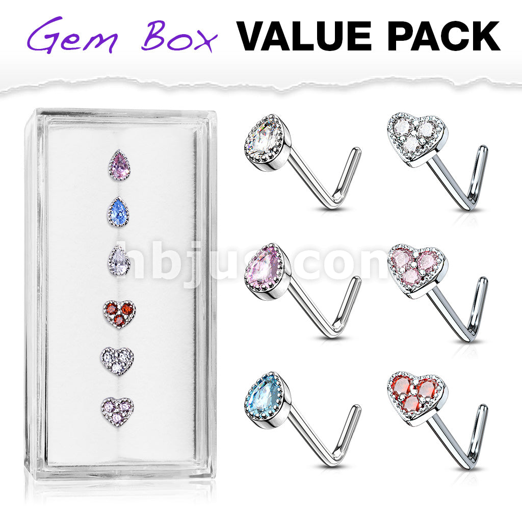 6 Pcs of Tear Drop CZ and CZ Set Heart Top 316L Surgical Steel L Bend Nose Stud Rings Gem Box Package
