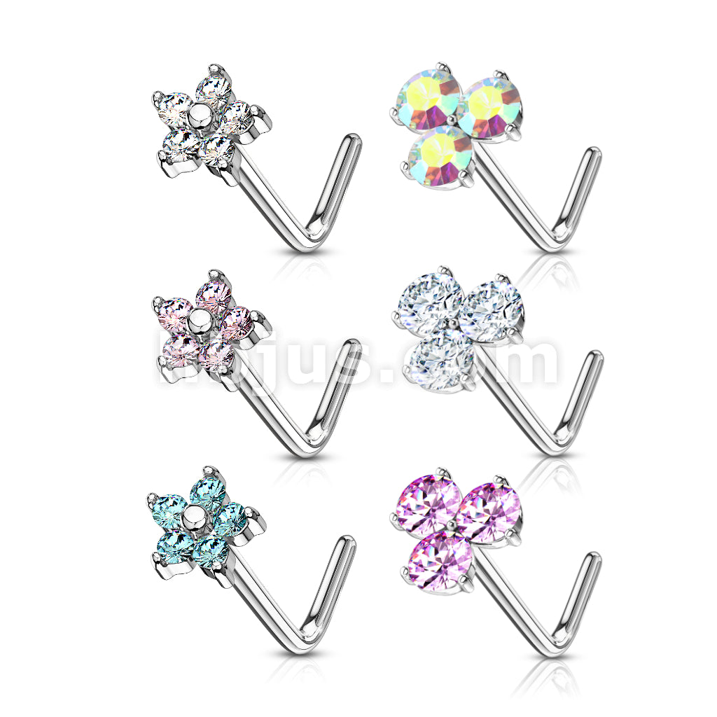 6 Pcs of CZ Flower and 3 Prong Set CZ Top 316L Surgical Steel L Bend Nose Stud Rings Gem Box Package - Image 2