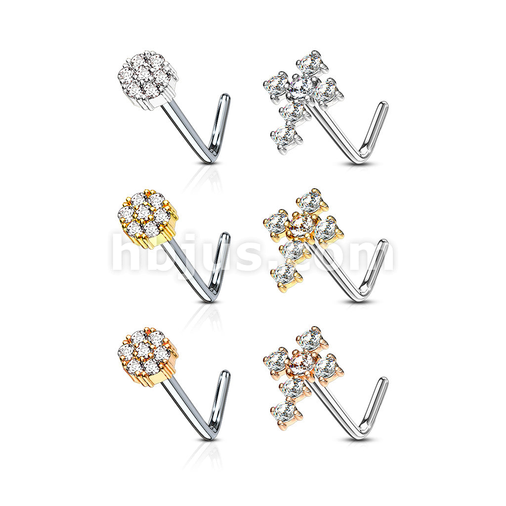 6 pcs Pre Loaded Gem Box Value Pack CZ Paved Small Flower and Cross 316L surgical Steel L Bend Nose Stud Rings - Image 2