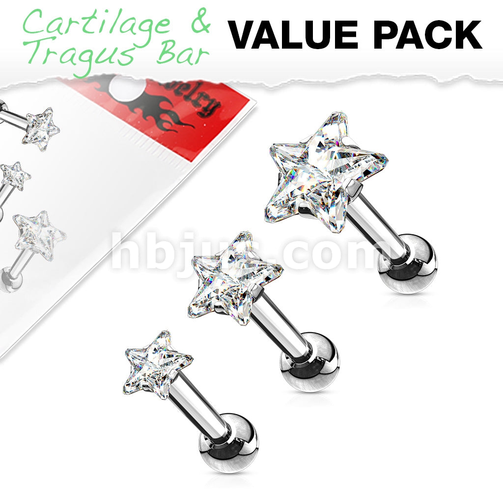 3 Pcs Value Pack of Assorted 316L Tragus Bar with Clear Star Gem Top