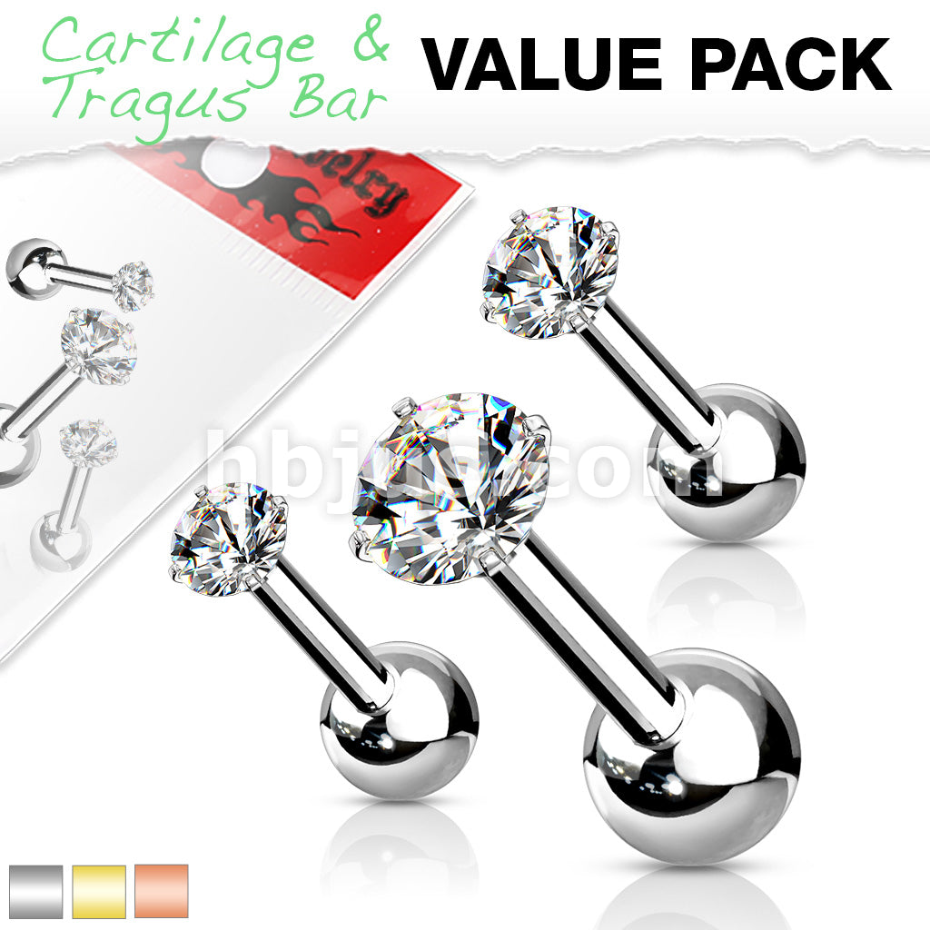 3 Pcs Value Pack of Assorted 316L Cartilage/Tragus Bar with Prong Set CZ Top