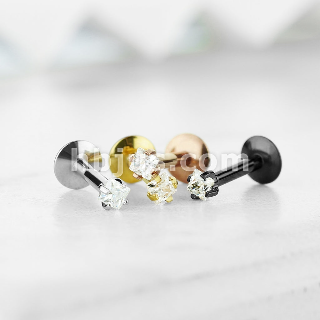 4 Pcs Value Pack Internally Threaded Square Prong Top Gem Labret Monroe Titanium IP Over 316L Surgical Steel  - Image 4