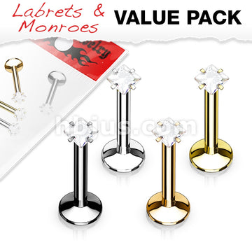 4 Pcs Value Pack Internally Threaded Square Prong Top Gem Labret Monroe Titanium IP Over 316L Surgical Steel 
