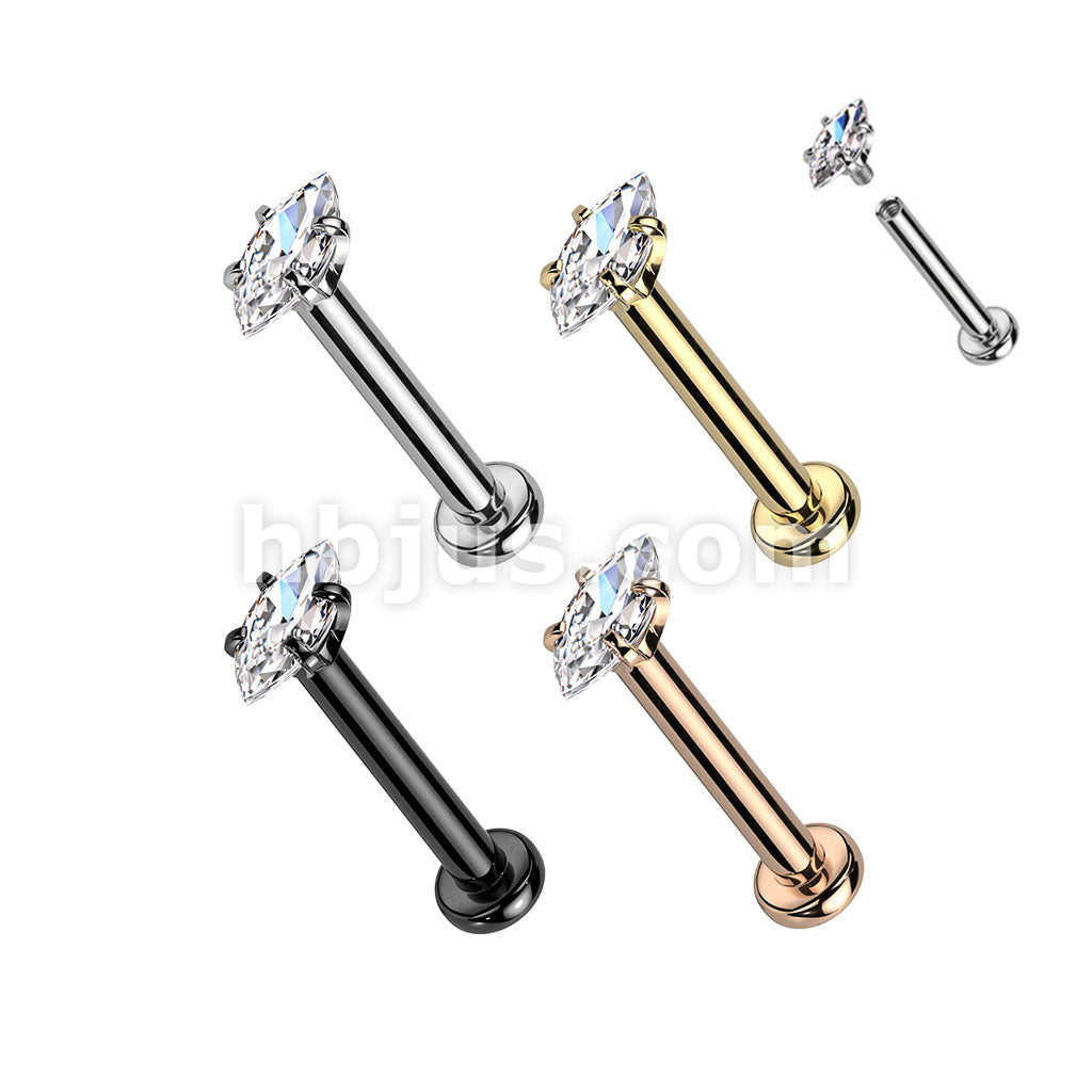 4 Pcs Value Pack Internally Threaded Marquise CZ Prong Set 316L Surgical Steel Labret, Flat Back Studs - Image 2