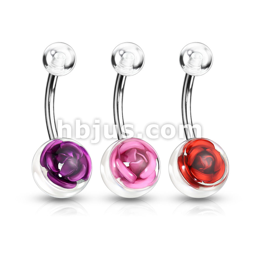 3 Pcs Value Pack of Assorted Color 316L Surgical Steel Navel Ring with Metal Rose Embedded in Clear Acrylic Ball - Image 2