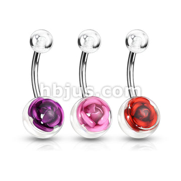 3 Pcs Value Pack of Assorted Color 316L Surgical Steel Navel Ring with Metal Rose Embedded in Clear Acrylic Ball - Image 2