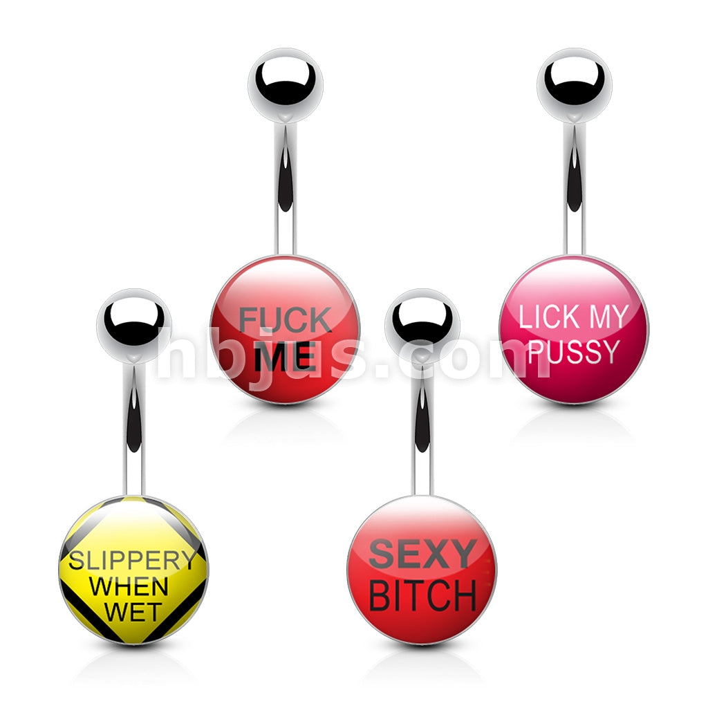 4 Pcs Value Pack Text Logo Inlaid and Clear Epoxy Covered 316L Surgical Steel Belly Button Rings - Image 2