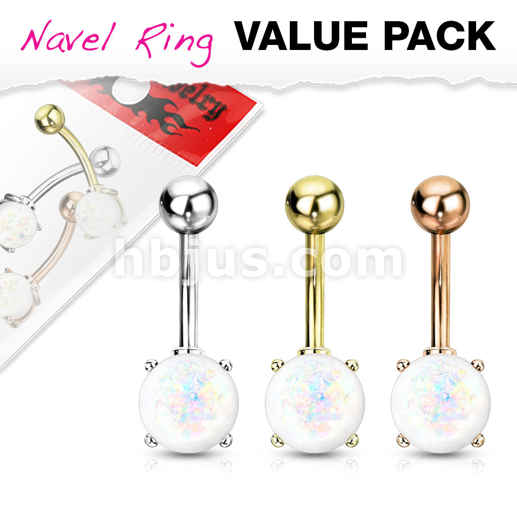3 Pcs Value Pack IP Plated Opal Glitter Prong Set 316L Surgical Steel Belly Button Rings