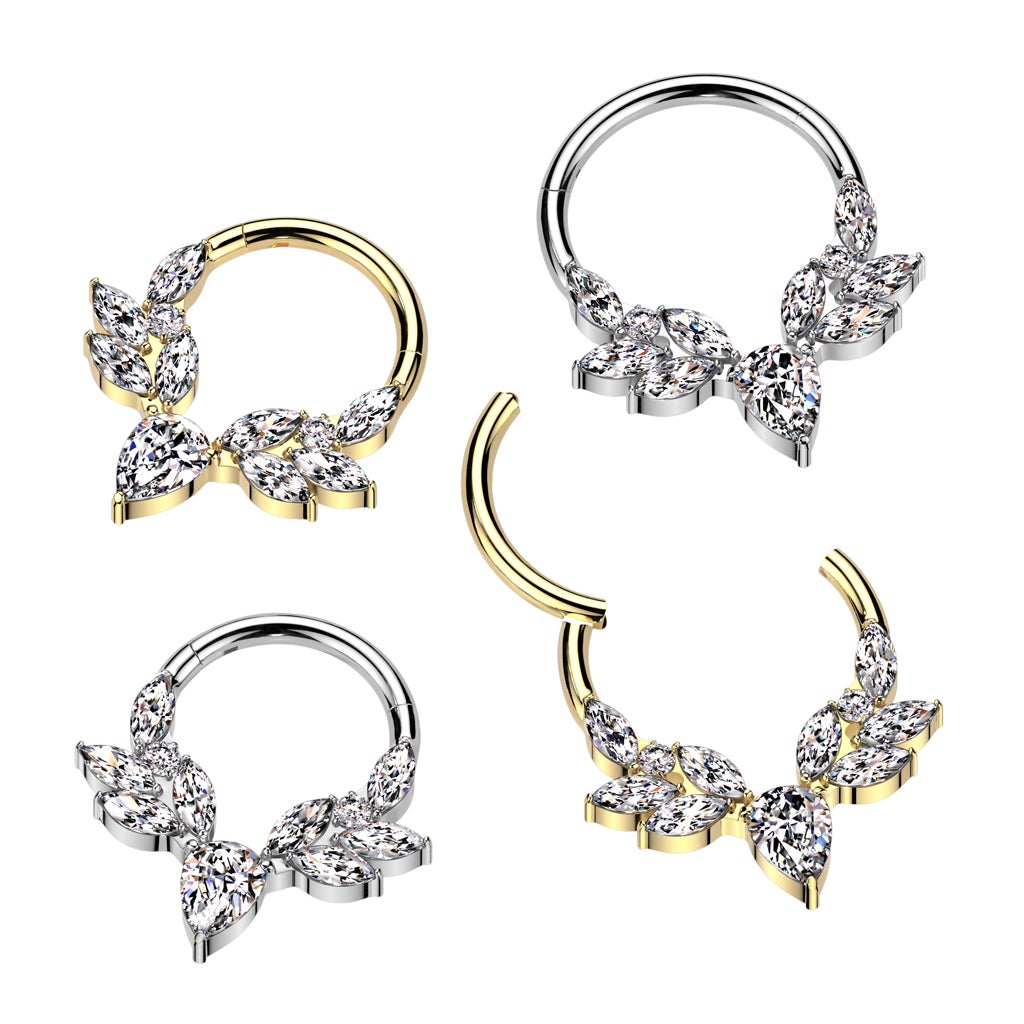Implant Grade Titanium CZ Pear Center Hinged Segment Hoop Ring With Marquise CZ Vines