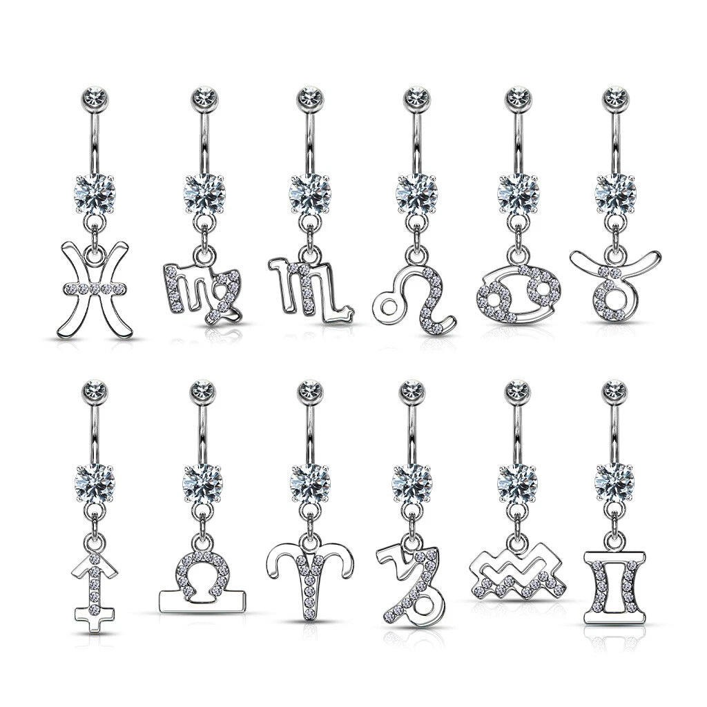 Zodiac Symbol with Clear Gems Dangle Navel Ring Pack (