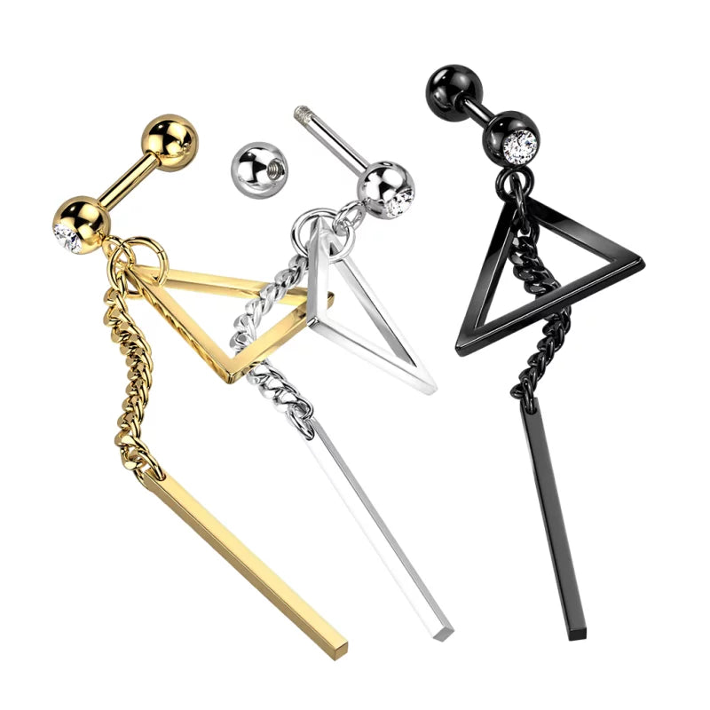 316L Surgical Steel Bar on Chain and Triangle Dangle Crystal Set 316L...