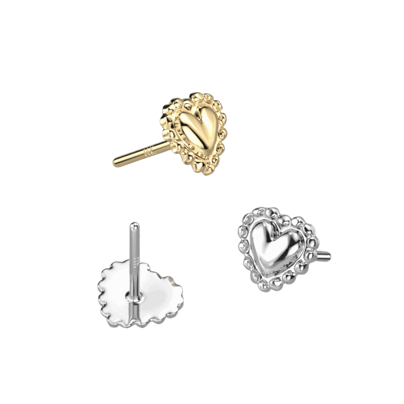 14K Gold Threadless Push In Heart With Beaded Scalloped Edge Top