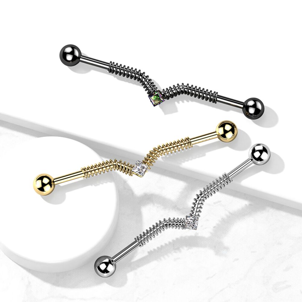316L Surgical Steel Industrial Barbell with Spring Coil and Square...