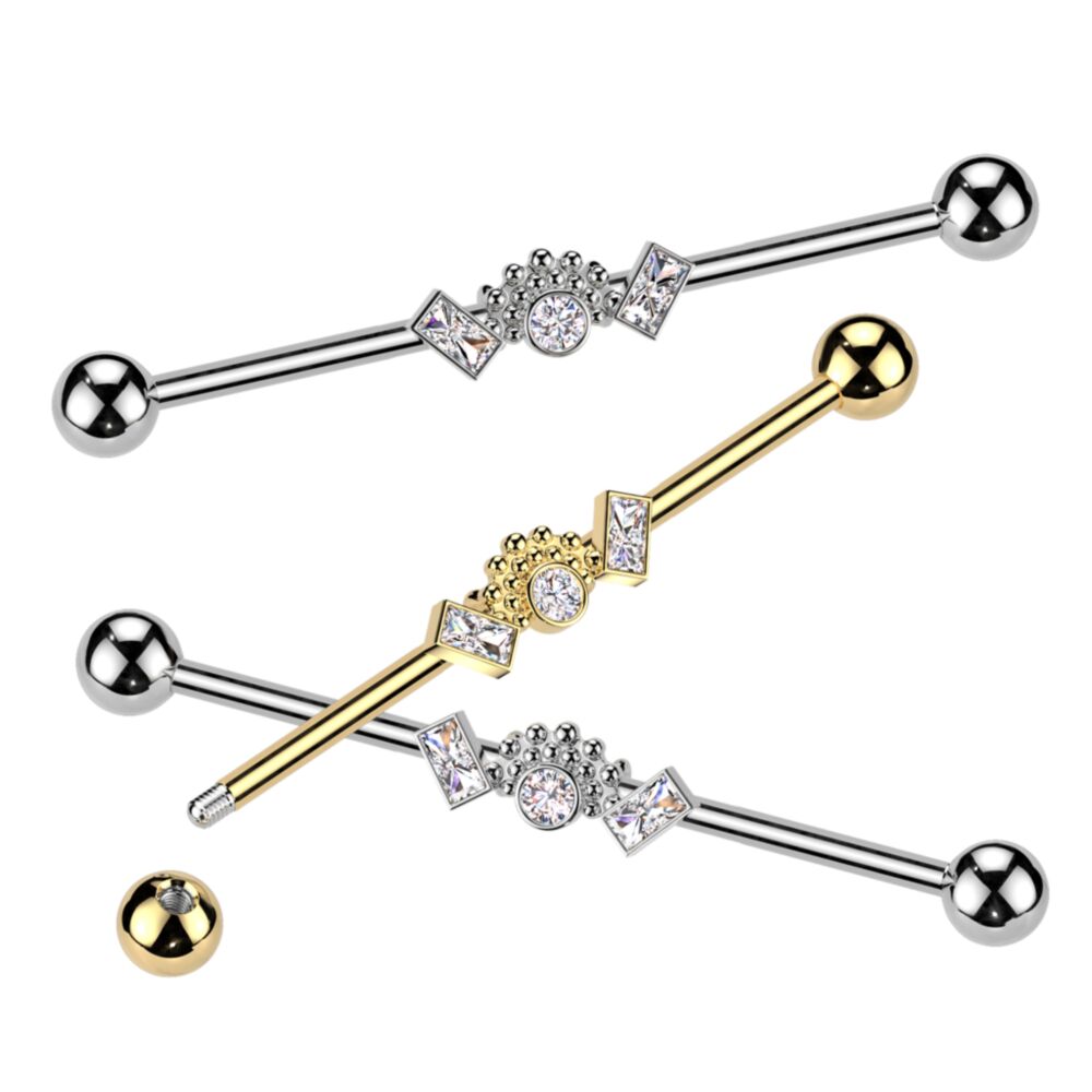 316L Surgical Steel Double Baguette CZ Ends With Ball Clusters And...