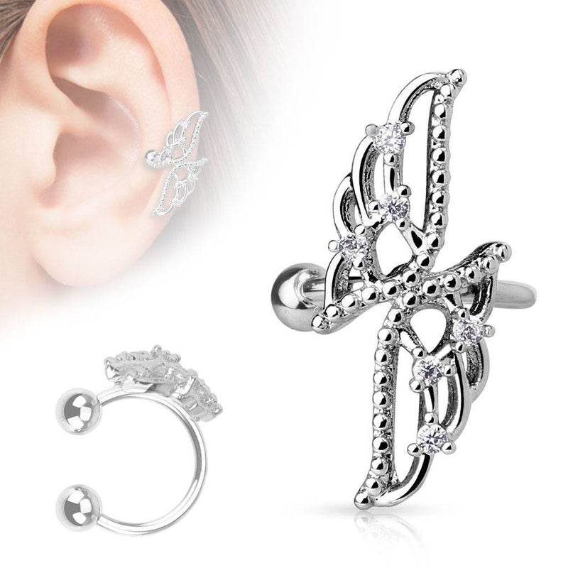 Brass Crossed Wings With CZs Non-Piercing Ear Cuff