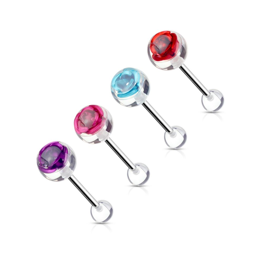 316L Surgical Steel Barbell with Color Metal Rose Embedded in 10mm Clear Ball Top
