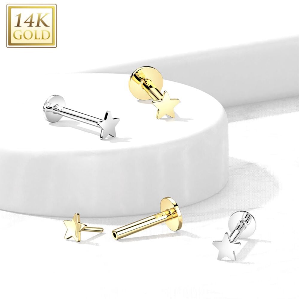 14K Gold Threadless Push-In Labret With Flat Star Top