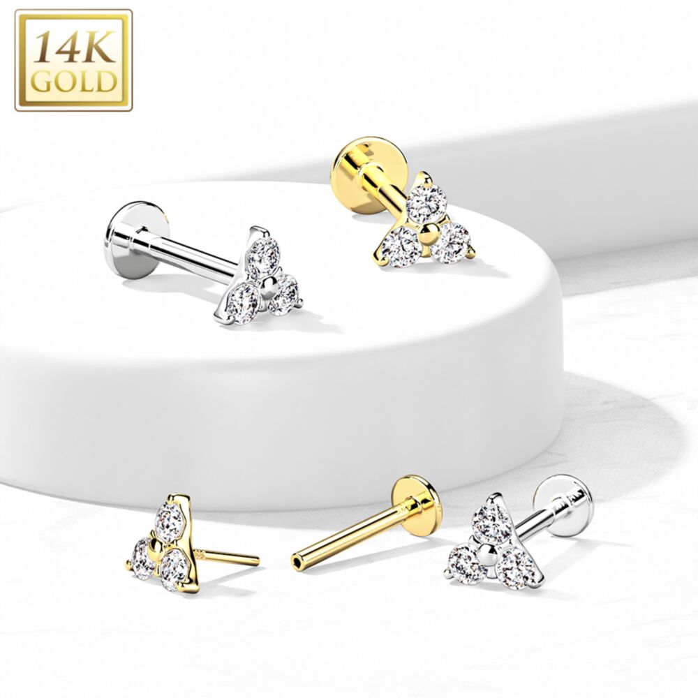 14K Gold Threadless CZ Set Triangle Top Labret, Flat back Stud.