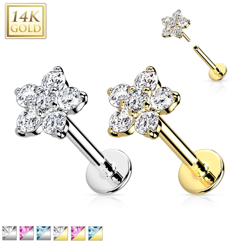 14KT Gold 14K Gold Threadless CZ Flower Top Labret, Flat back Stud.