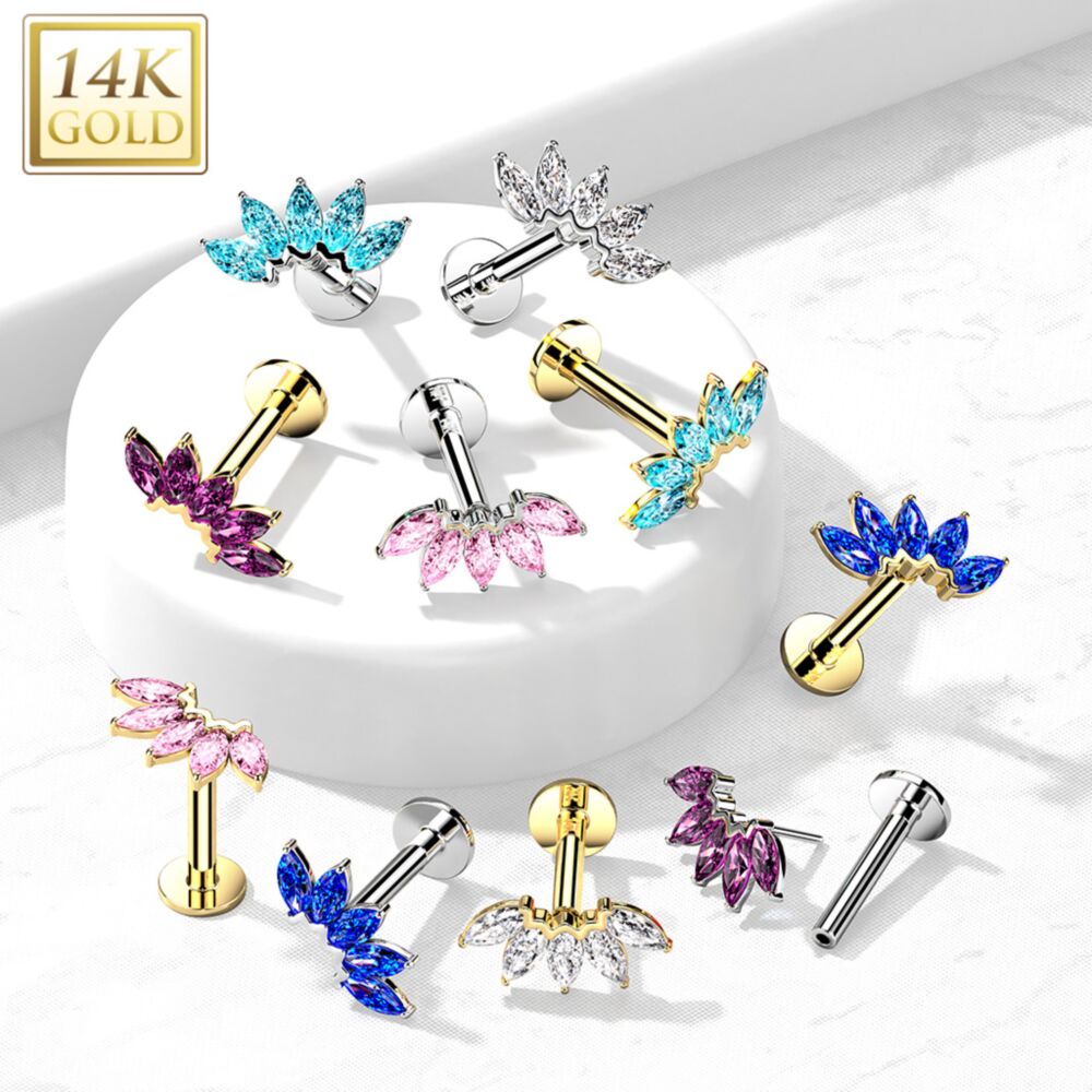 14K Gold Threadless Labret/Flat Back Stud with 5-Marquise CZ Fa Top