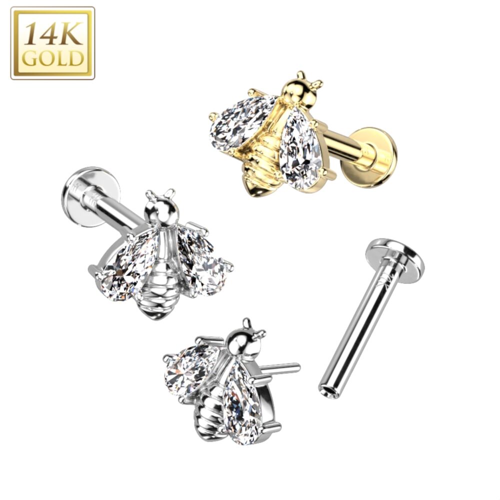 14KT Gold 14K Gold Threadless Labret/Flat Back Stud With Bee and CZ...