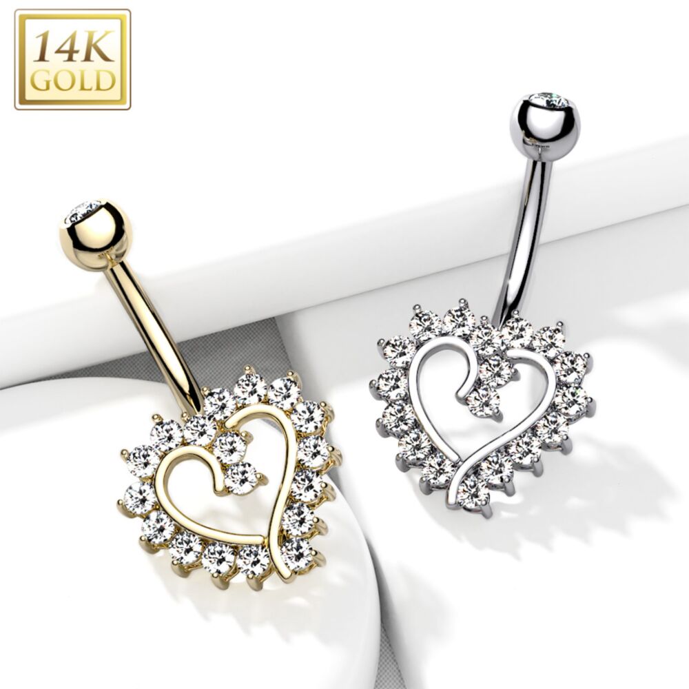 14KT Gold 14K Gold CZ Paved Hollow Heart Belly Button Navel Ring