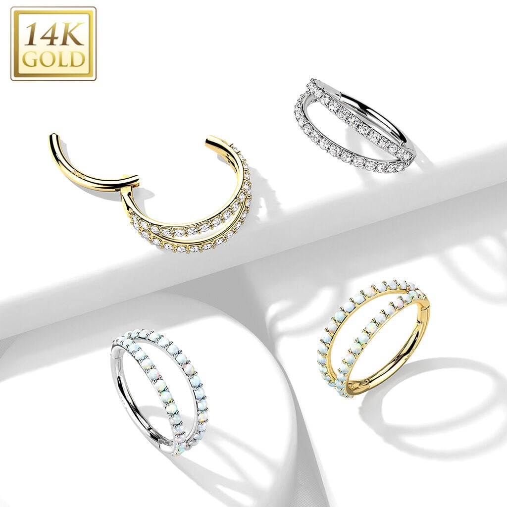 14K Gold Hinged Segment Hoop Ring With Separating Double Lined CZ or...