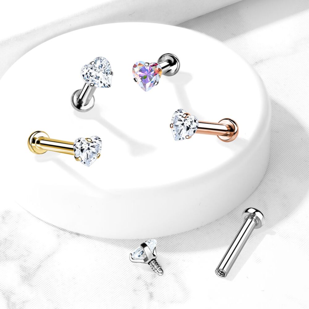 Heart CZ Prong Set Top Internally Threaded Micro Base 316L Surgical...