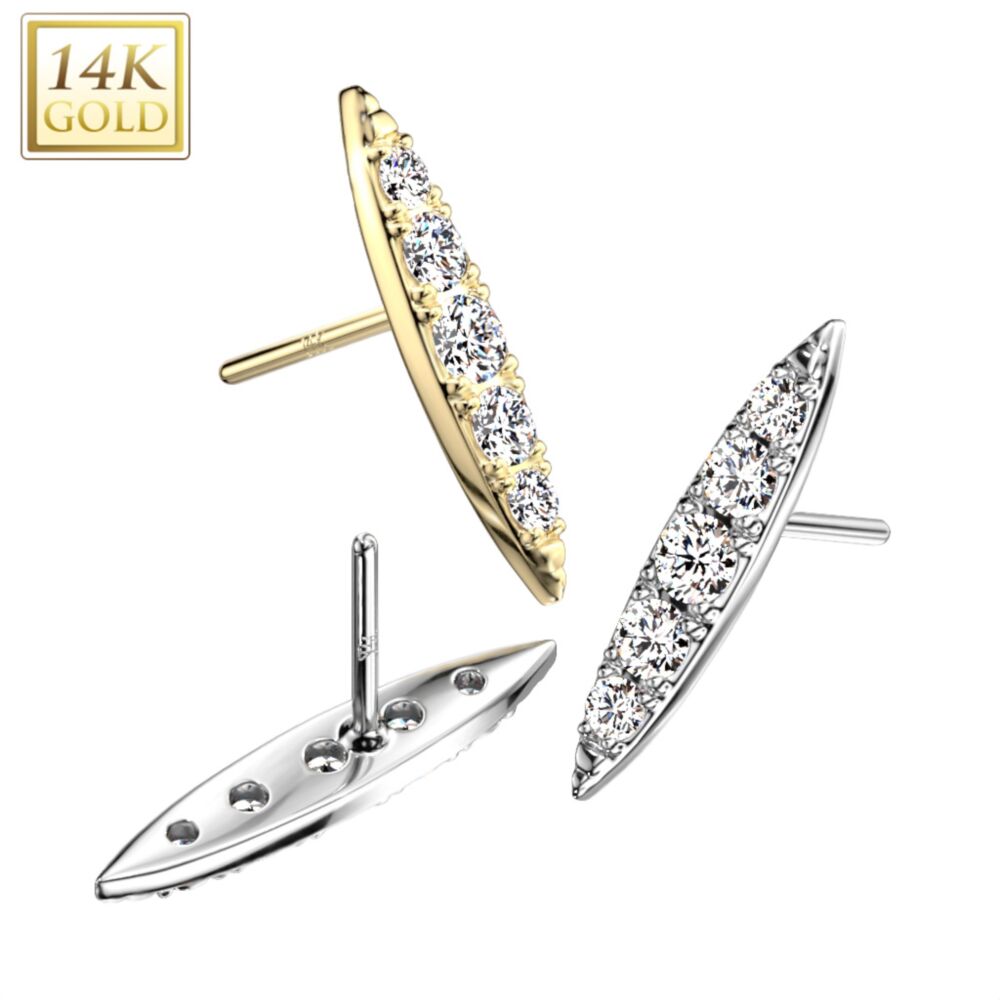 14KT Gold 14K Gold Threadless Push In Long Pointed Oval With CZ Pave Top