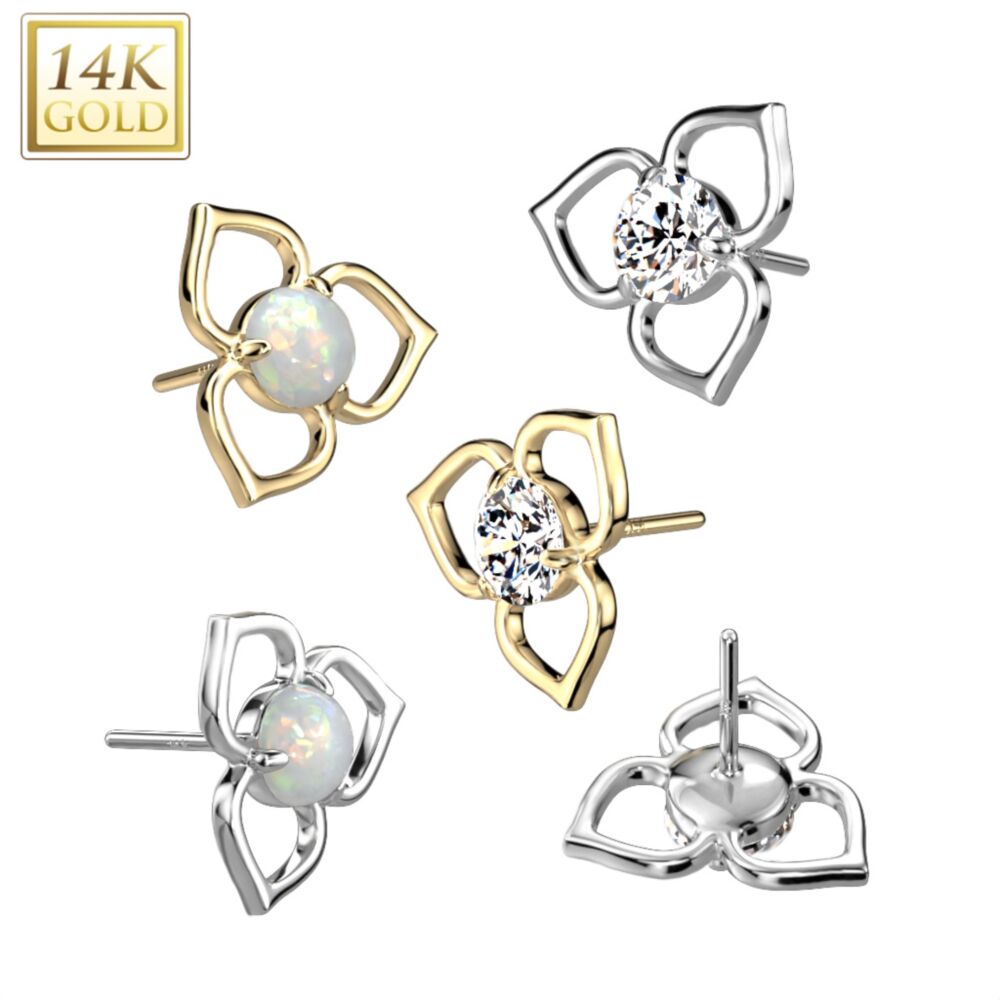 14KT Gold 14K Gold Threadless Push In Hollow Flower Top With Opal or...