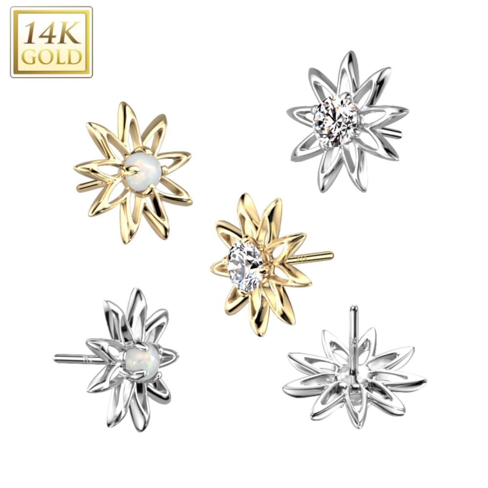 14KT Gold 14K Gold Threadless Push In Hollow Flower Top With Elongated...