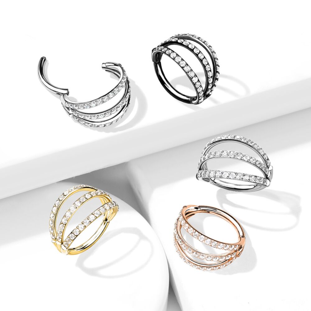 316L Surgical Steel Hinged Segment Hoop Rings with Triple Layer Paved CZ