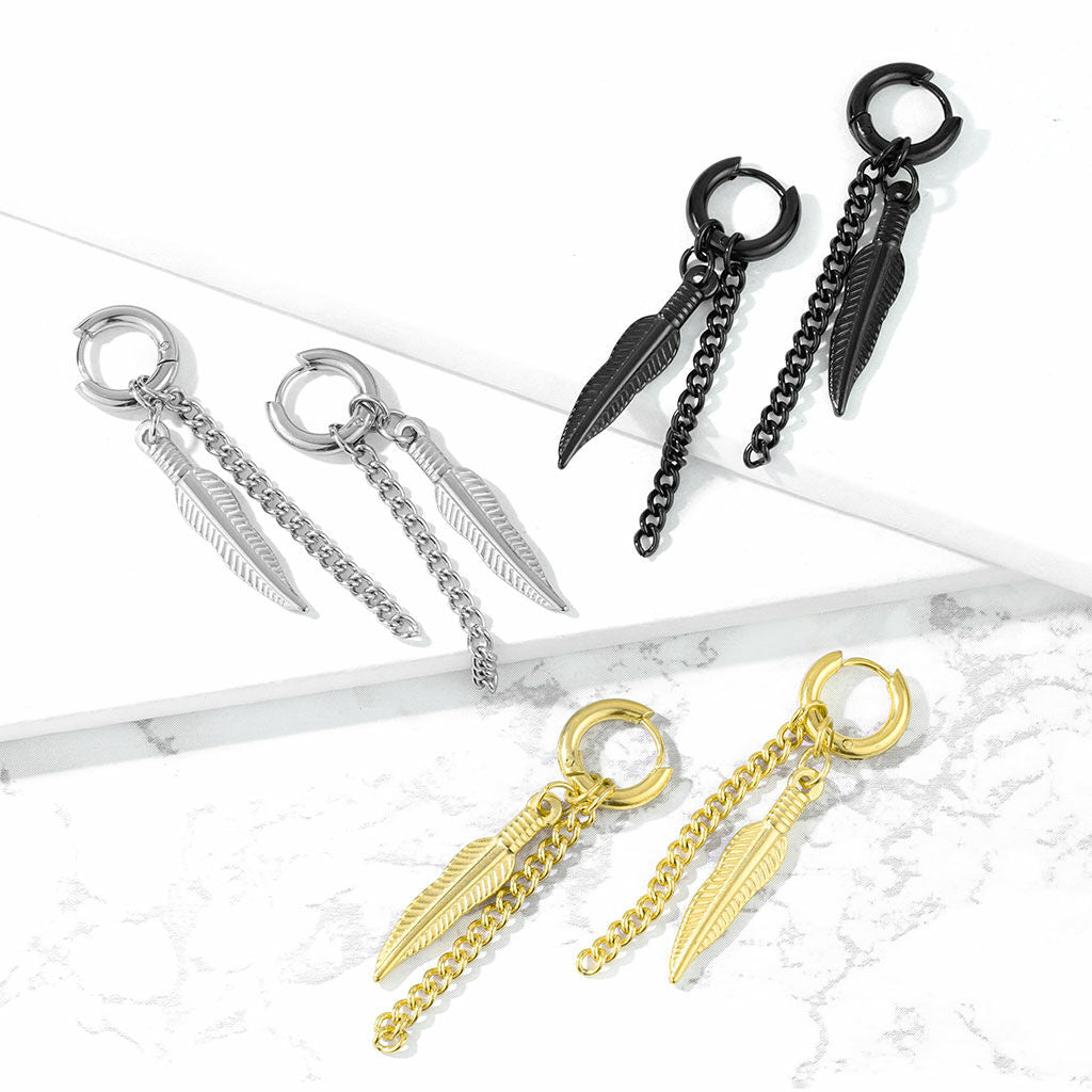 316L Surgical Steel Pair of Feather and Chain Dangle 316L Stainless...