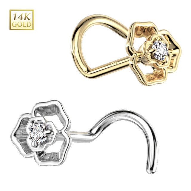 14KT Gold 14K Gold Nose Screw Rings With CZ Centered Flower Top