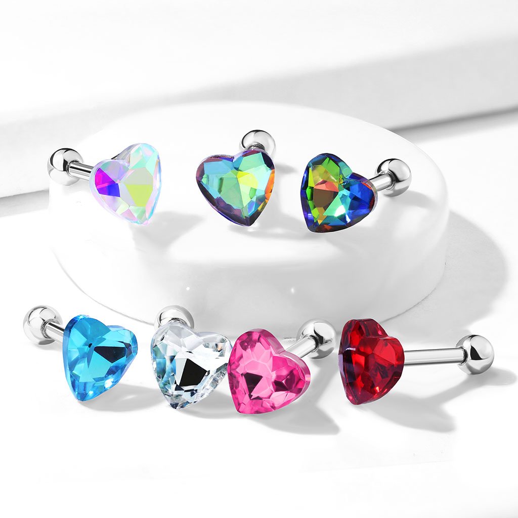 Heart Crystal Top 316L Surgical Steel Cartilage, Tragus Barbell Studs