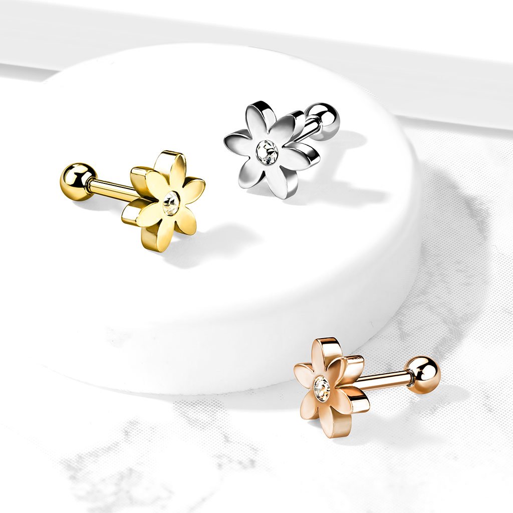 Flower with CZ Solitaire 316L Surgical Steel Cartilage, Tragus Barbell...