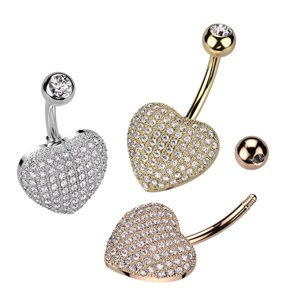 316L Surgical Steel 316L Surgical Steel 3D Heart Belly Ring With Pave CZ's