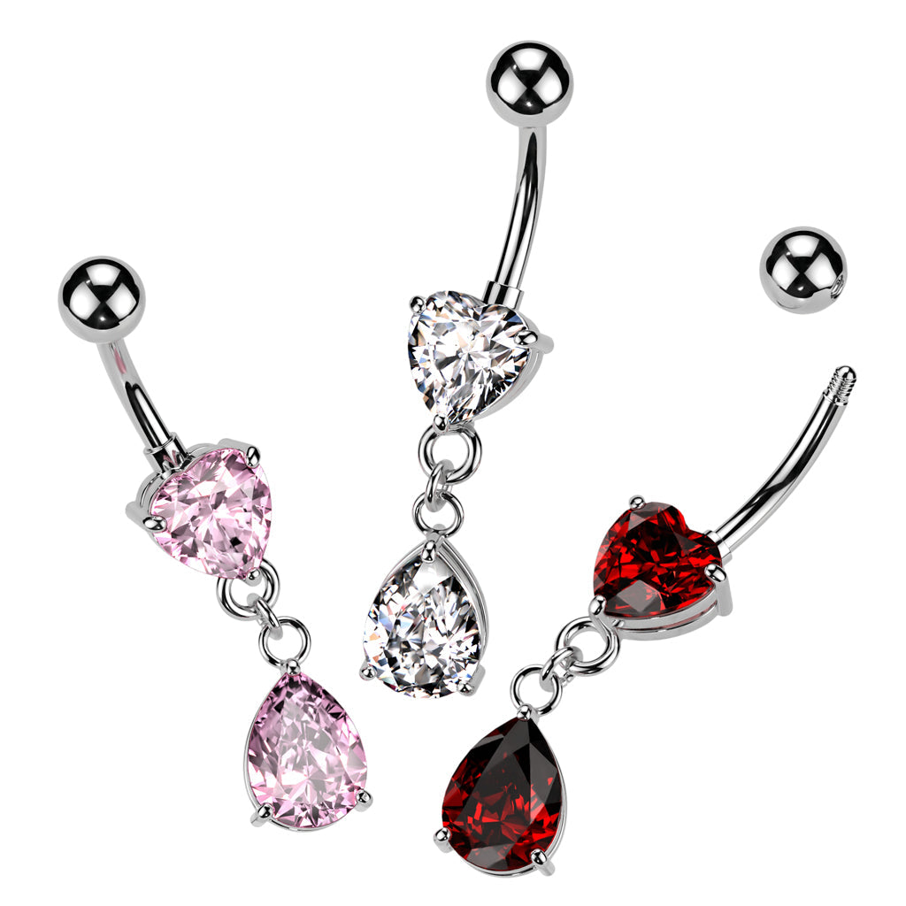 316L Surgical Steel Heart Navel CZ Ring With Tear Drop CZ Dangle