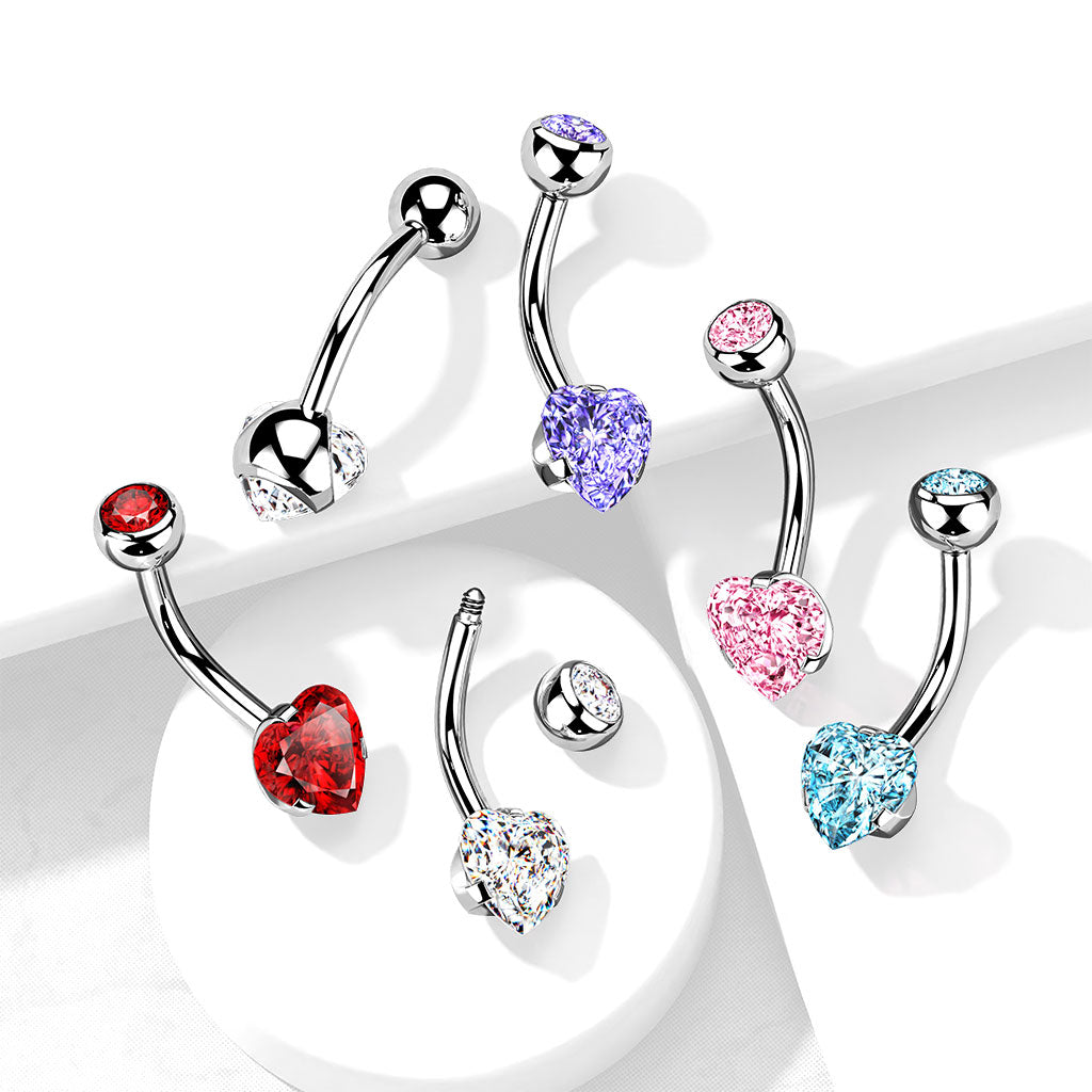 316L Surgical Steel Prong Set Heart CZ Navel Ring